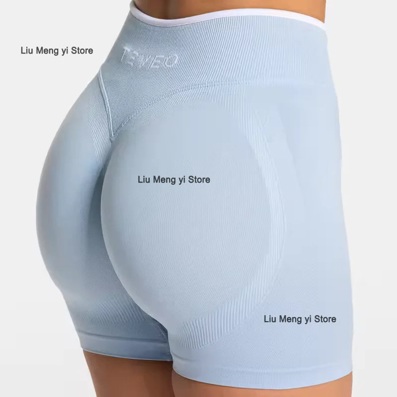 TEVEO Women's Seamless Gym Solid Sports Ignite Short White Waist Tight High Waist Hip Lifting Yoga Pants Running Sports Shorts